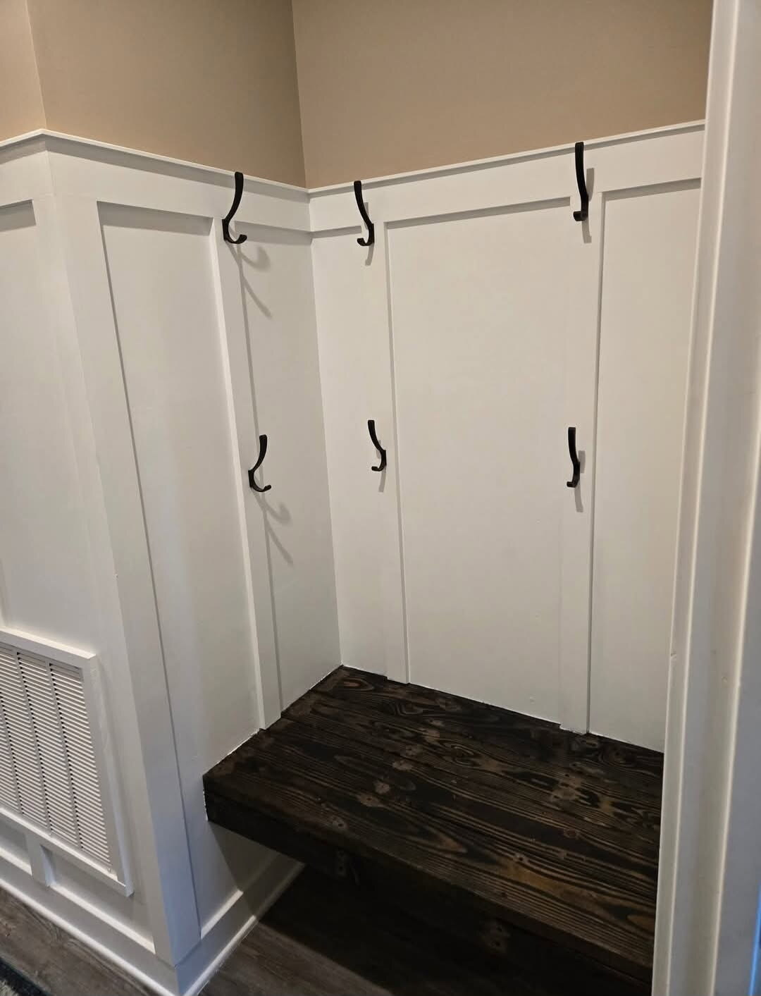 Mudroom nook — bench & hook wall